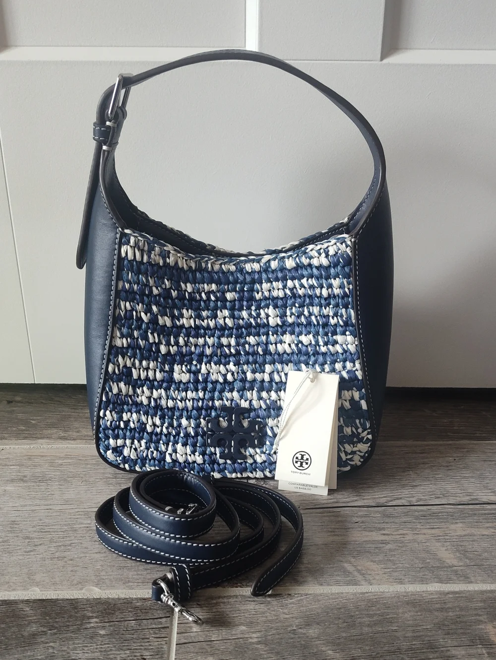 Tory Burch Navy and Off White Woven Shoulder Hobo